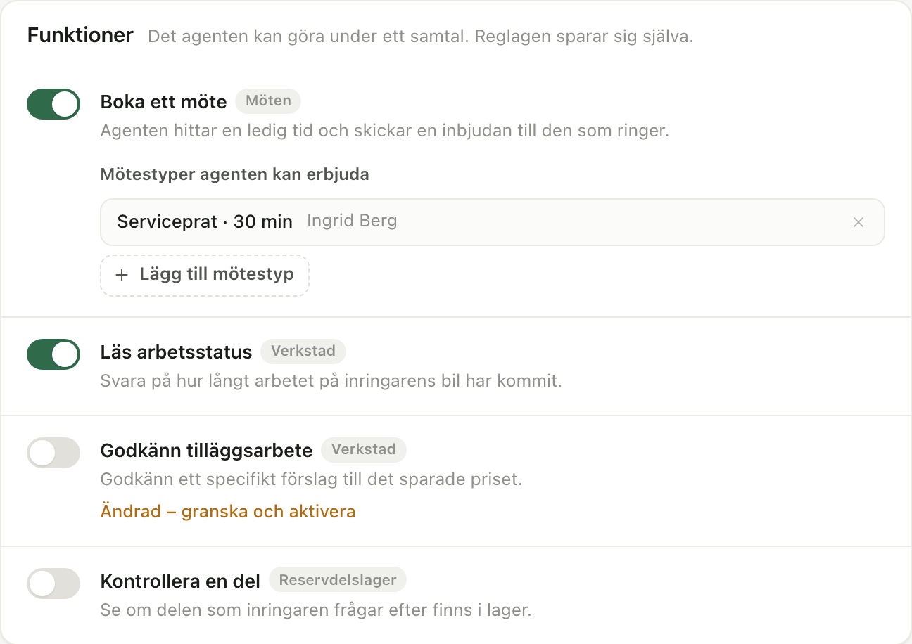 Välj vilka funktioner verkstaden erbjuder på telefon och granska ändringar innan du aktiverar dem.